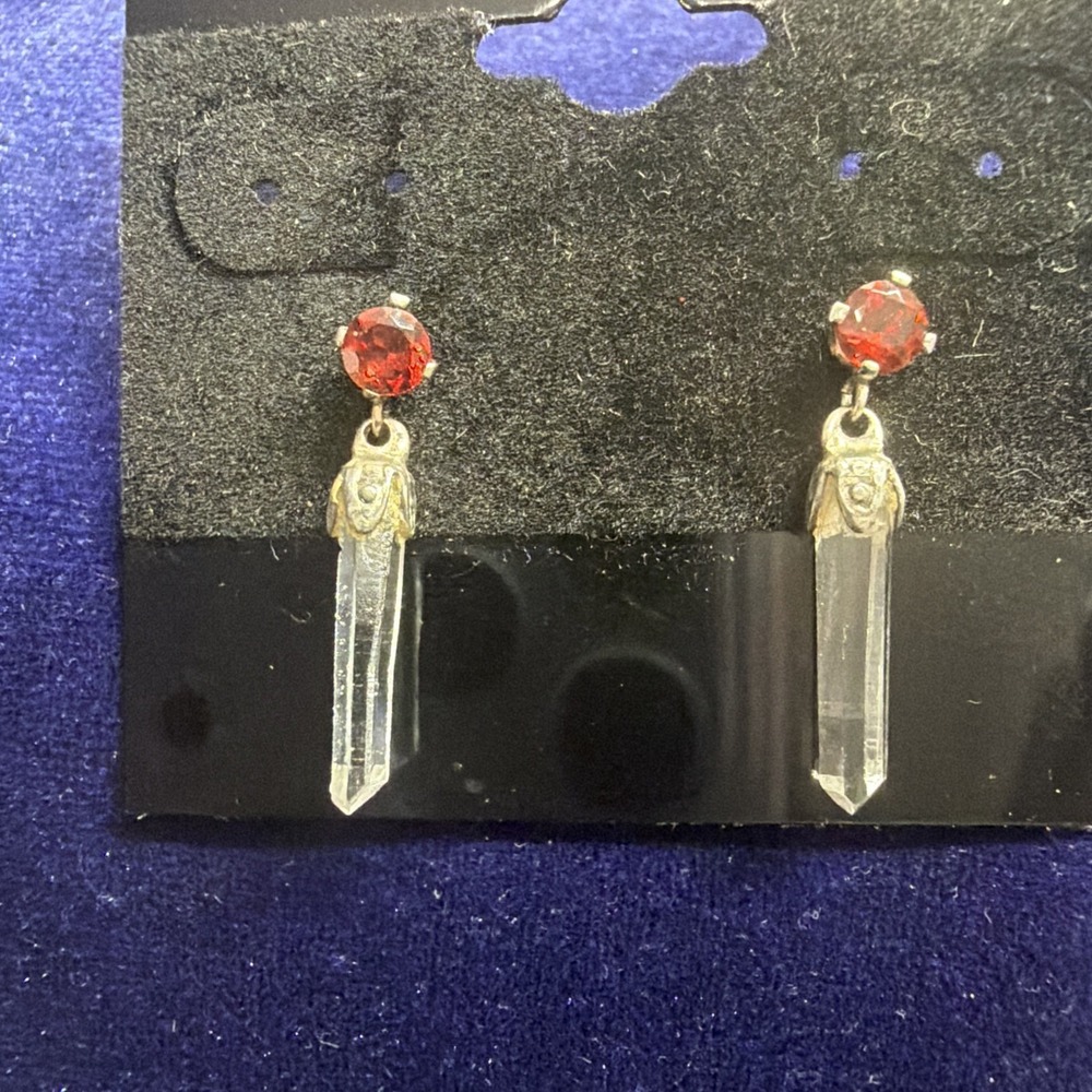 Vintage 925 Silver Garnet Quartz Crystal Dangle Drop Earrings 1" Antique Style
